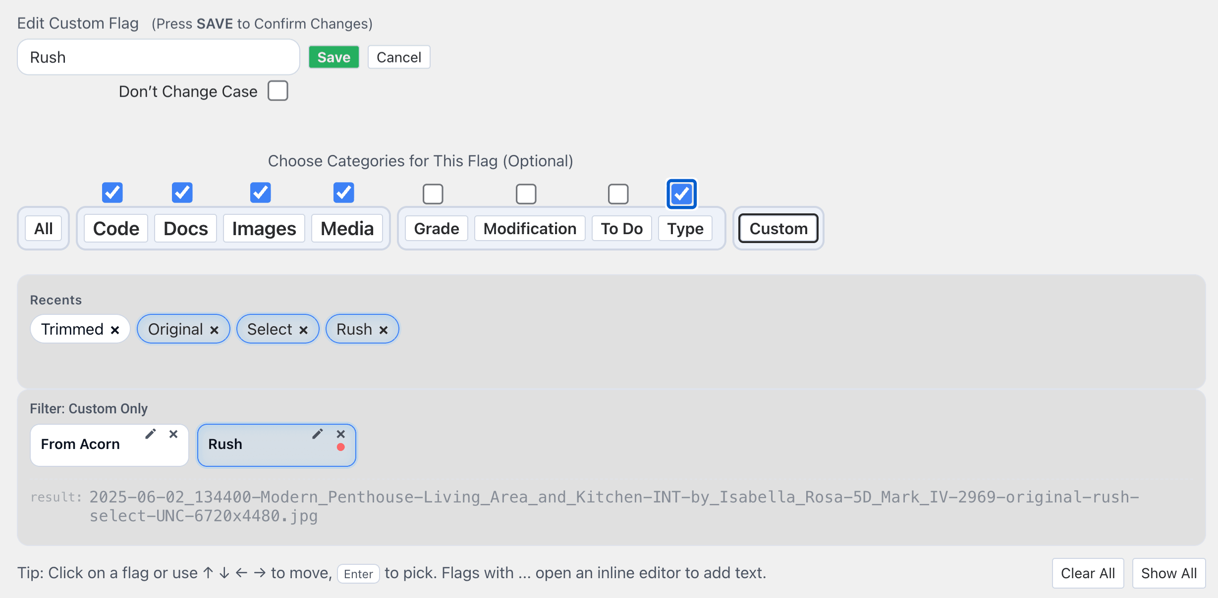 The Flags Panel’s Add Custom Flag Controls
