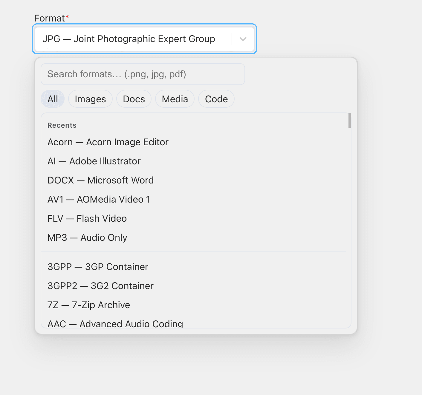 Formats Selection Box