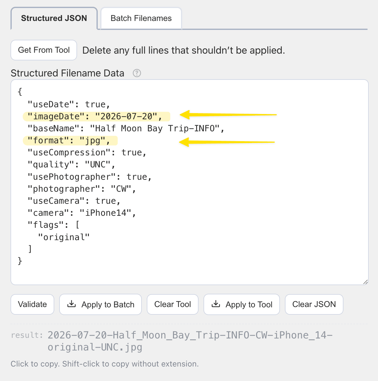 Structured JSON Panel Showing JSON to be Edited. Annotated.