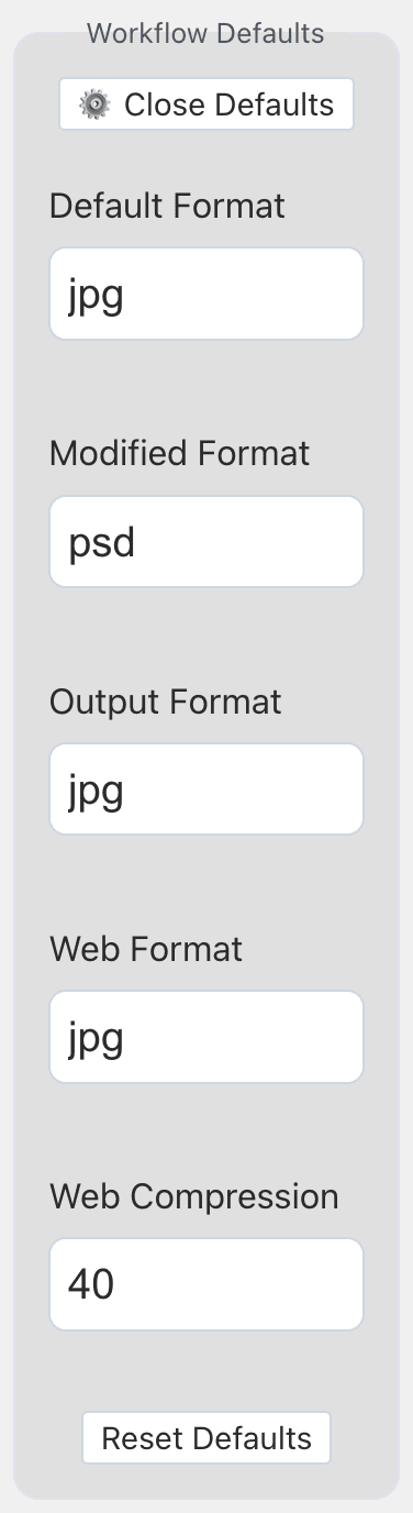 Workflow Defaults Settings Opened from the Dimensions Panel